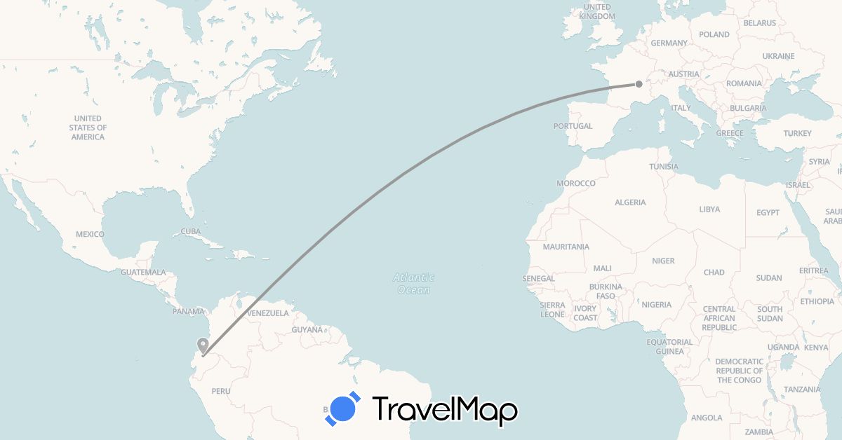 TravelMap itinerary: driving, plane in Ecuador, France (Europe, South America)
